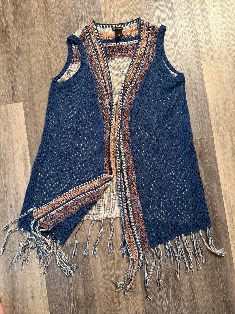 New Directions Sleeveless Open Knit Fringe Vest - Navy and Multicolor XL
